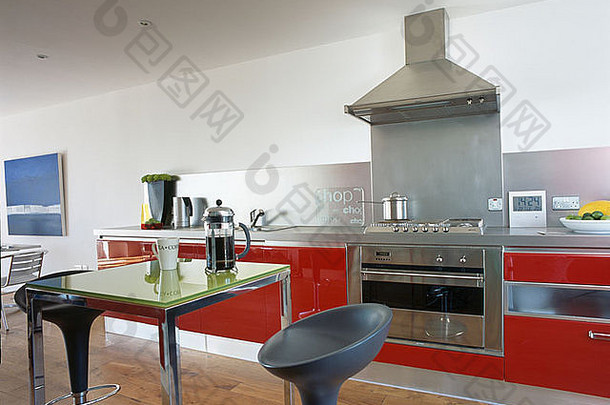 鼓凳子金属表格大白色厨房红色的安装单位不锈钢范围烤箱