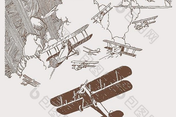 历史双翼飞机飞行前面大积云云破碎的阳光插图光刻技术早期世纪