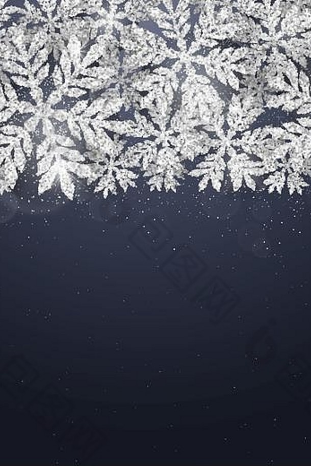 快乐圣诞节快乐一年问候卡银闪闪发光的雪花框架黑暗蓝色的背景