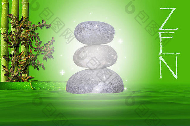 自然鹅卵石魔法堆放Zen绿色背景竹子树叶床上水