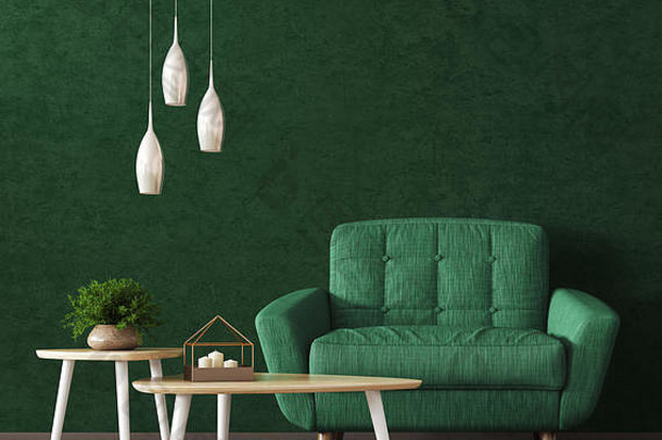 室内生活房间木三角咖啡表灯绿色扶手椅粉刷墙呈现