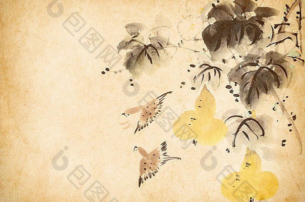 中国人风格传统的绘画葫芦鸟