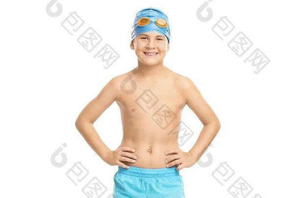 男孩蓝色的游泳帽游泳护目镜相机孤立的白色背景