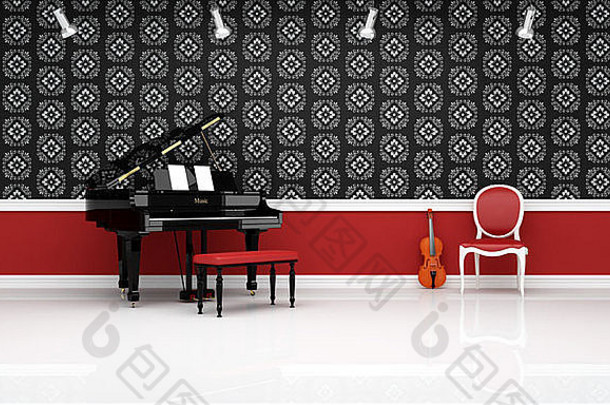 大计划小提琴红色的椅子经典音乐房间