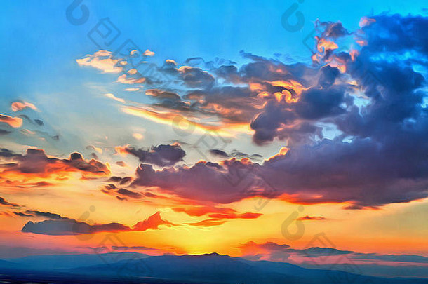 色彩斑斓的绘画mountainscape美丽的天空日落