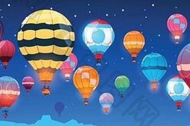 色彩斑斓的空气气球飞行晚上天空横幅