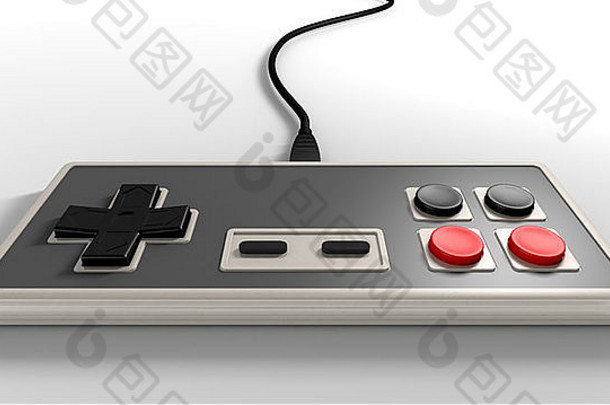 常规的古董矩形游戏控制器红色的黑色的按钮孤立的白色工作室背景