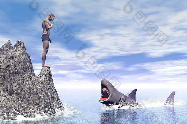 鲨鱼开放口攻击男人。站岩石悬崖