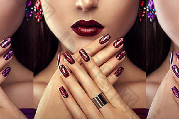 美丽的女人完美的化妆修指甲穿珠宝黑色的背景变体时尚的