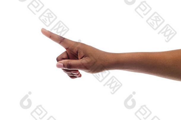 非洲式发型女人的手指出手指孤立的白色