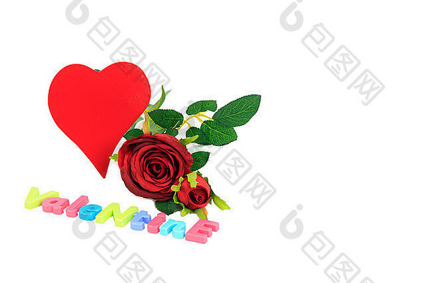 情人节一天红色的玫瑰红色的时髦的心色彩鲜艳的信拼写情人节孤立的白色背景