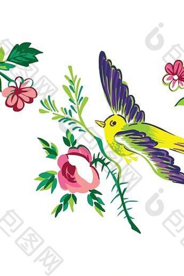 飞行鸟分支玫瑰孤立的白色对角元素设计问候卡庆祝礼物邀请重新