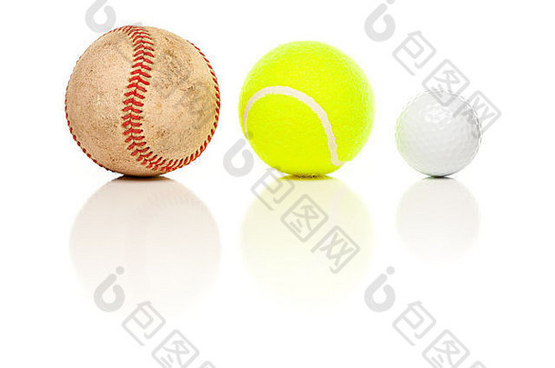 棒球网球高尔夫球球孤立的白色反光背景