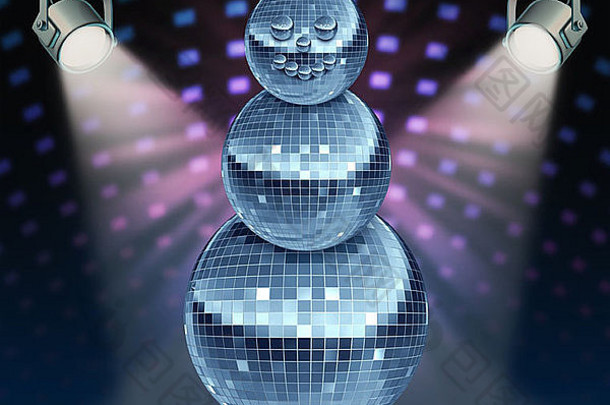 冬天假期音乐象征跳舞晚上迪斯科球镜子球形状雪人节日有趣的一年庆祝活动跳舞聚会，派对夜总会跳舞俱乐部发光的阶段灯