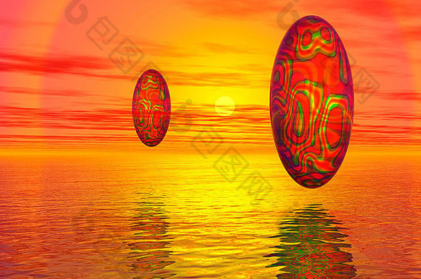 透明的彩色的鸡蛋浮动平静水日落