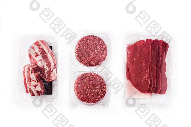 类型肉打包塑料孤立的白色背景
