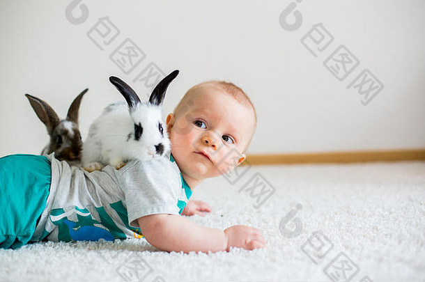 蹒跚学步的孩子婴儿男孩玩小兔子复活节鸡蛋首页色彩斑斓的手图纸鸡蛋