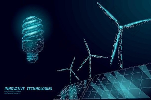 荧光紧凑的光灯泡风车的想法业务概念生态保存环境风绿色能源可持续发展的权力蓝色的低聚多边形