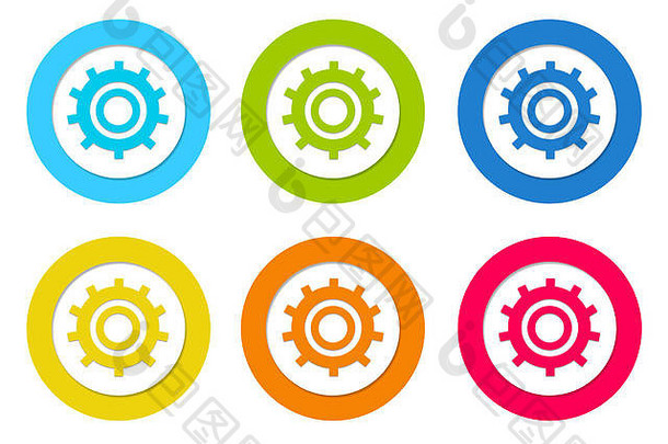 集圆形的图标齿轮象征蓝色的绿色黄色的橙色红色的颜色