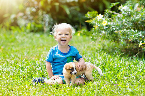 孩子们玩可爱的小狗孩子们婴儿狗玩阳光明媚的夏天花园女孩持有小狗孩子宠物狗家庭