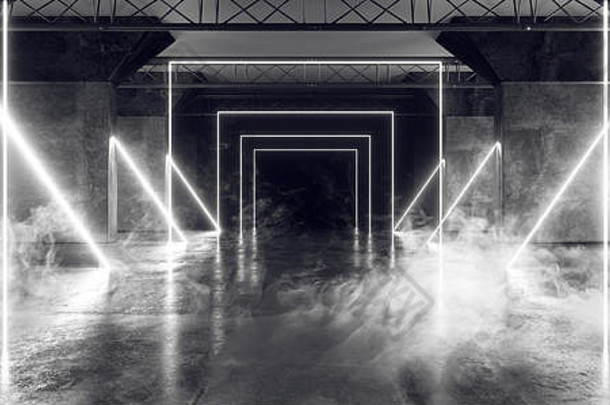 烟虚拟路径sci霓虹灯发光的荧光激光alienship阶段跳舞灯白色黑暗空难看的东西混凝土霓虹灯反光隧道大厅