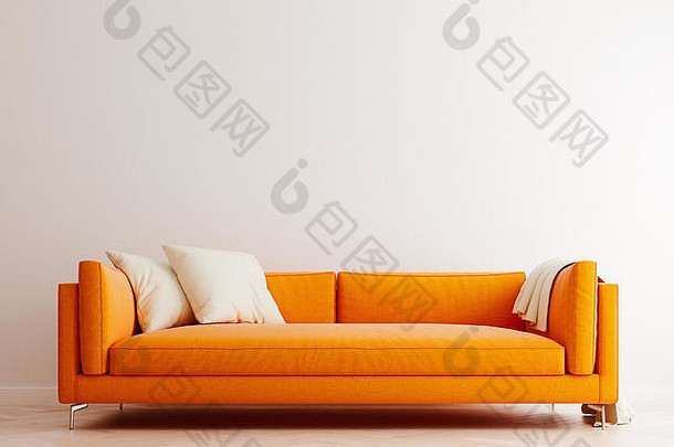 明亮的白色模拟墙橙色沙发现代室内背景生活房间斯堪的那维亚风格渲染插图