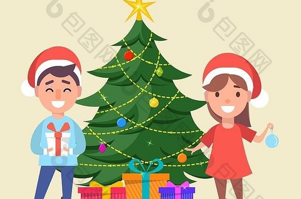 快乐圣诞节快乐一年问候卡男孩女孩圣诞老人老人帽子站装饰圣诞节树礼物盒子
