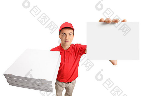 十几岁的披萨交付男孩堆栈披萨盒子空白卡孤立的白色背景