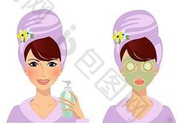 应用脸黄瓜面具步骤指南面部美奶油使用孤立的白色背景皮肤护理痤疮治疗美健康化妆品