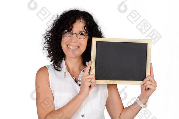 肖像美丽的学校老师持有空黑板教育概念孤立的白色背景