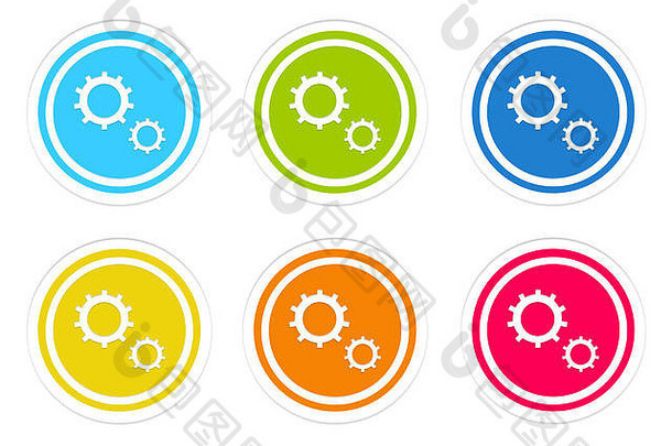 集圆形的按钮齿轮象征蓝色的绿色黄色的橙色红色的颜色