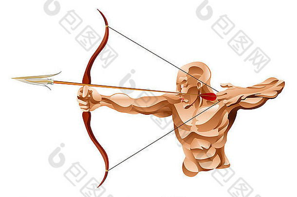 插图强大的肌肉发达的弓箭手弓箭头