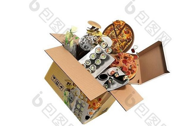 概念产品类别食物飞盒子渲染白色背景影子
