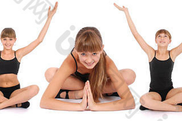 提出了年轻的女孩使瑜伽练习白色背景
