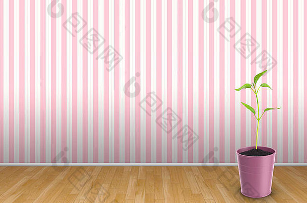 插图呈现粉红色的花瓶植物巴德前面粉红色的条纹壁纸背景