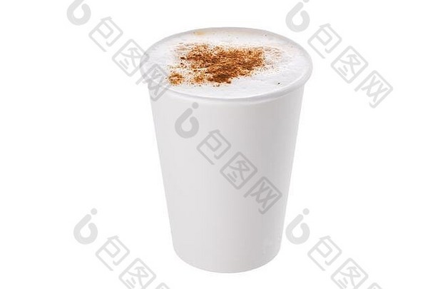 咖啡牛奶卡布奇诺咖啡肉桂塑料杯孤立的白色背景