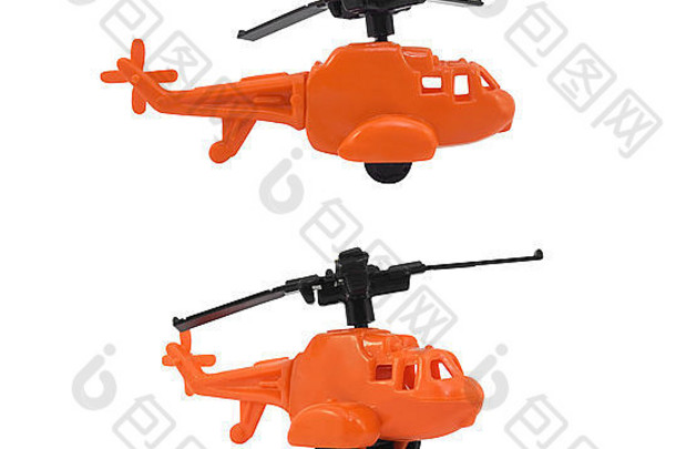 直升机玩具孤立的橙色直升机玩具角照片