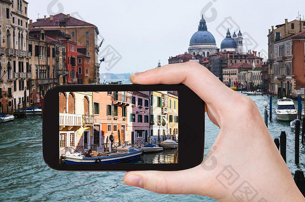 旅行概念<strong>旅游照片</strong>宫殿海滨大运河威尼斯城市智能手机意大利