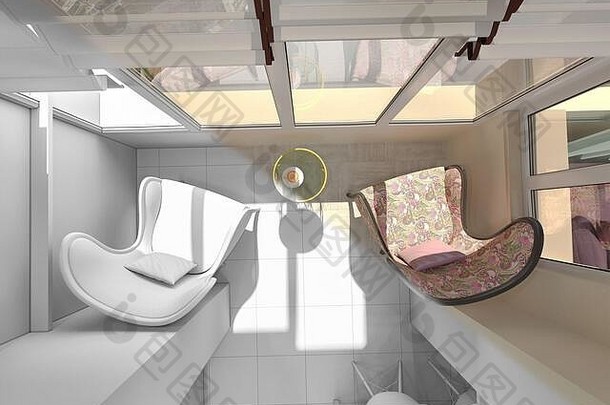 插图<strong>小公寓</strong>柔和的颜色interor设计生活房间厨房现代风格