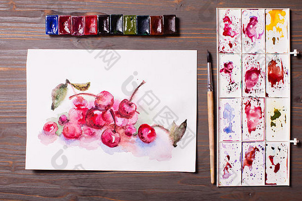 水彩绘画樱桃