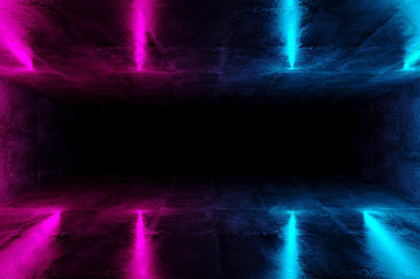 科幻未来主义的摘要梯度蓝色的紫色的粉红色的霓虹灯发光的管反射难看的东西混凝土房间黑暗室内空空间宇宙飞船使得
