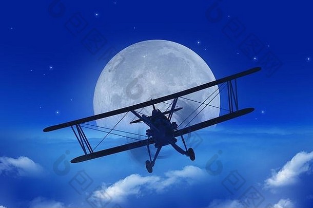 完整的月亮飞机度假摘要插图飞行古董飞机云晚上