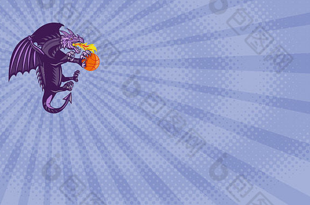 业务卡显示插图紫色的龙呼吸火抓着持有橙色篮球查看一边复古的风格