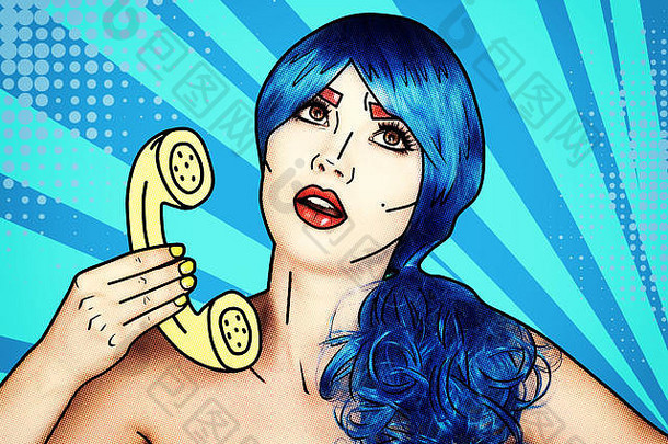 肖像年轻的女人漫画流行艺术化妆风格女蓝色的假发蓝色的背景调用<strong>电话</strong>
