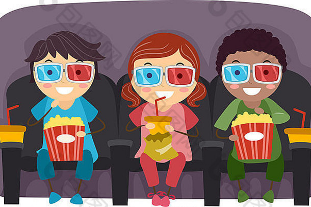 插图孩子们看电影眼镜吃爆米花