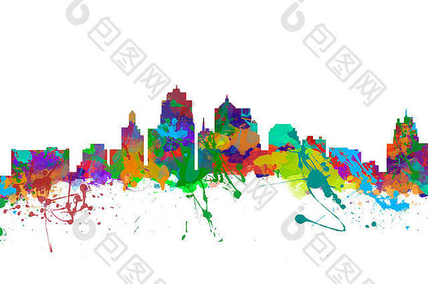 水彩艺术打印天际线堪萨斯城市