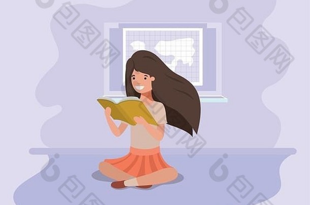 年轻的学生女孩坐着阅读书