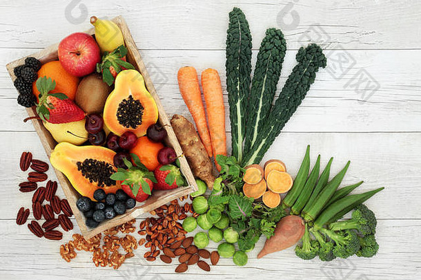 高纤维超级食物概念新鲜的水果<strong>蔬菜</strong>坚果食物高抗氧化剂花青素ω高脂肪的酸维生素前