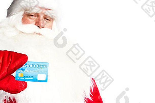 传统的圣诞老人老人持有播种信贷卡给大肚子笑孤立的白色