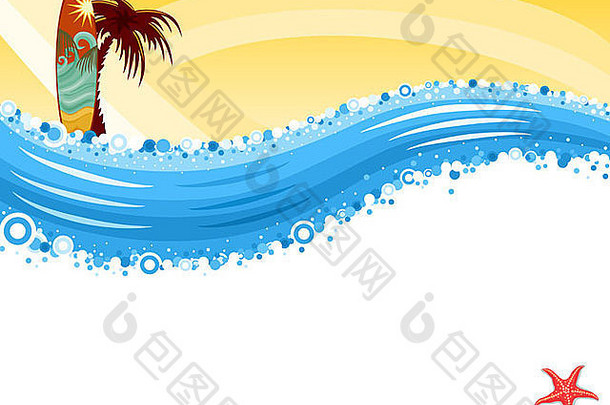 夏天有趣的冲浪假期热带海滩横幅冲浪板棕榈树海星孤立的白色背景